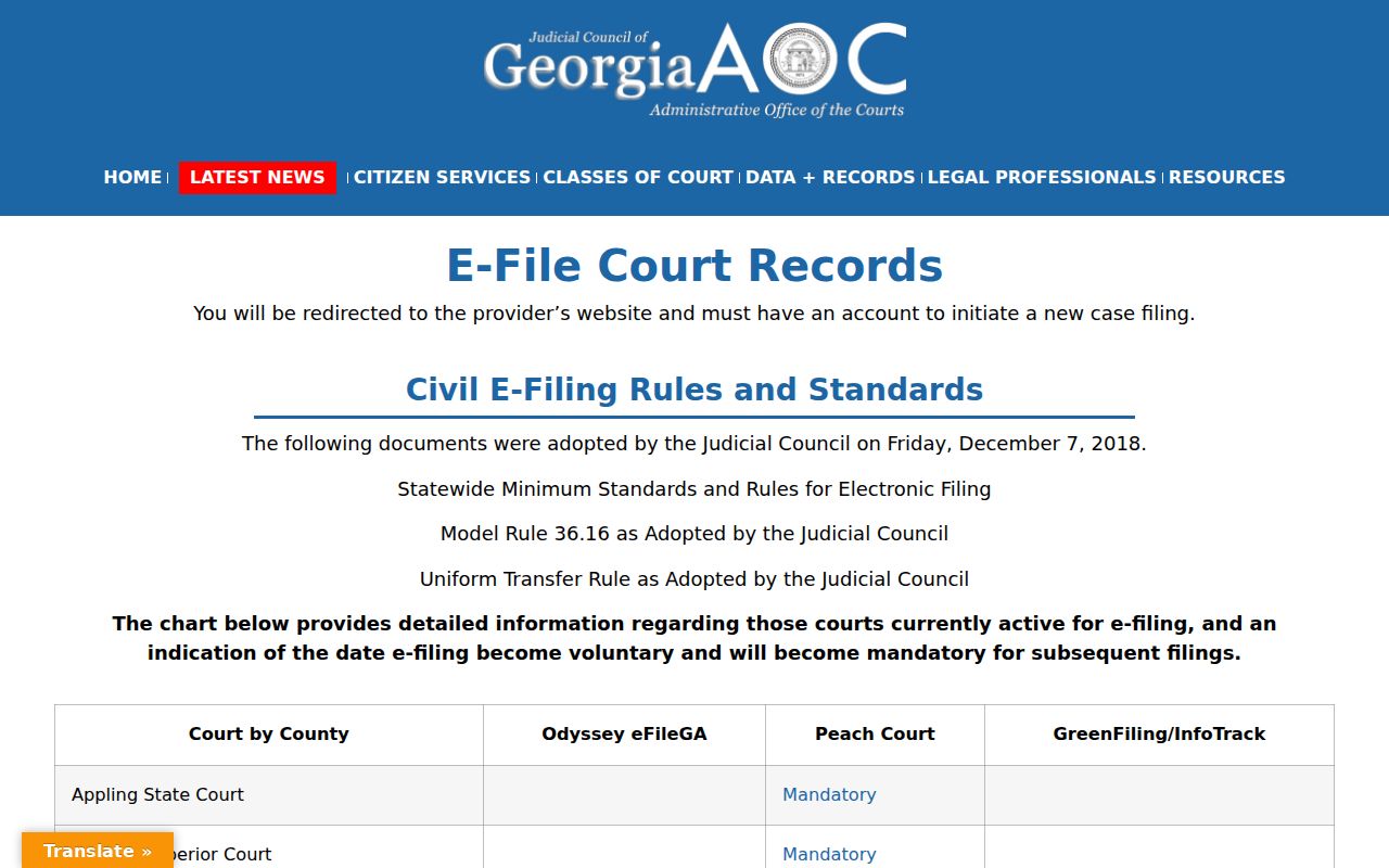 Georgia court provider table showing PeachCourt status for Pike Superior Court