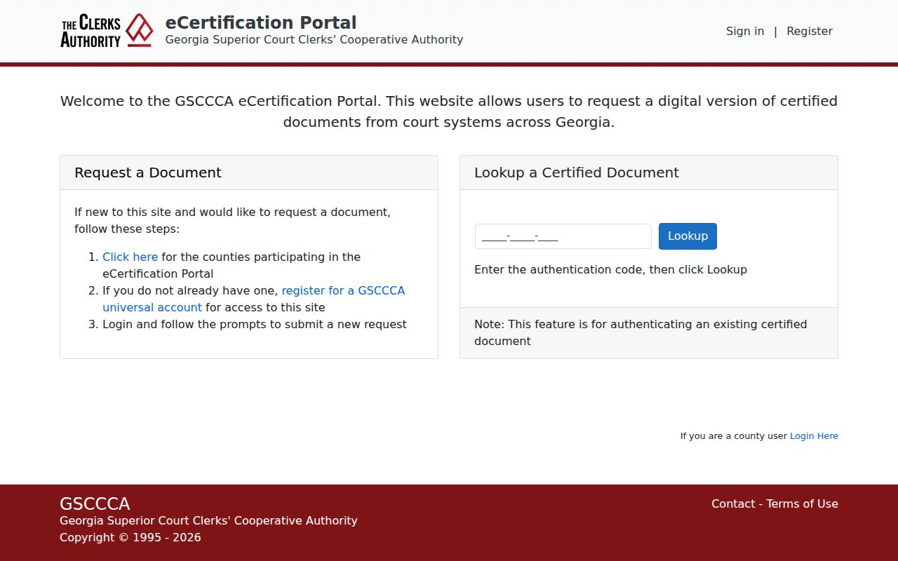 GSCCCA eCertification document request and authentication entry