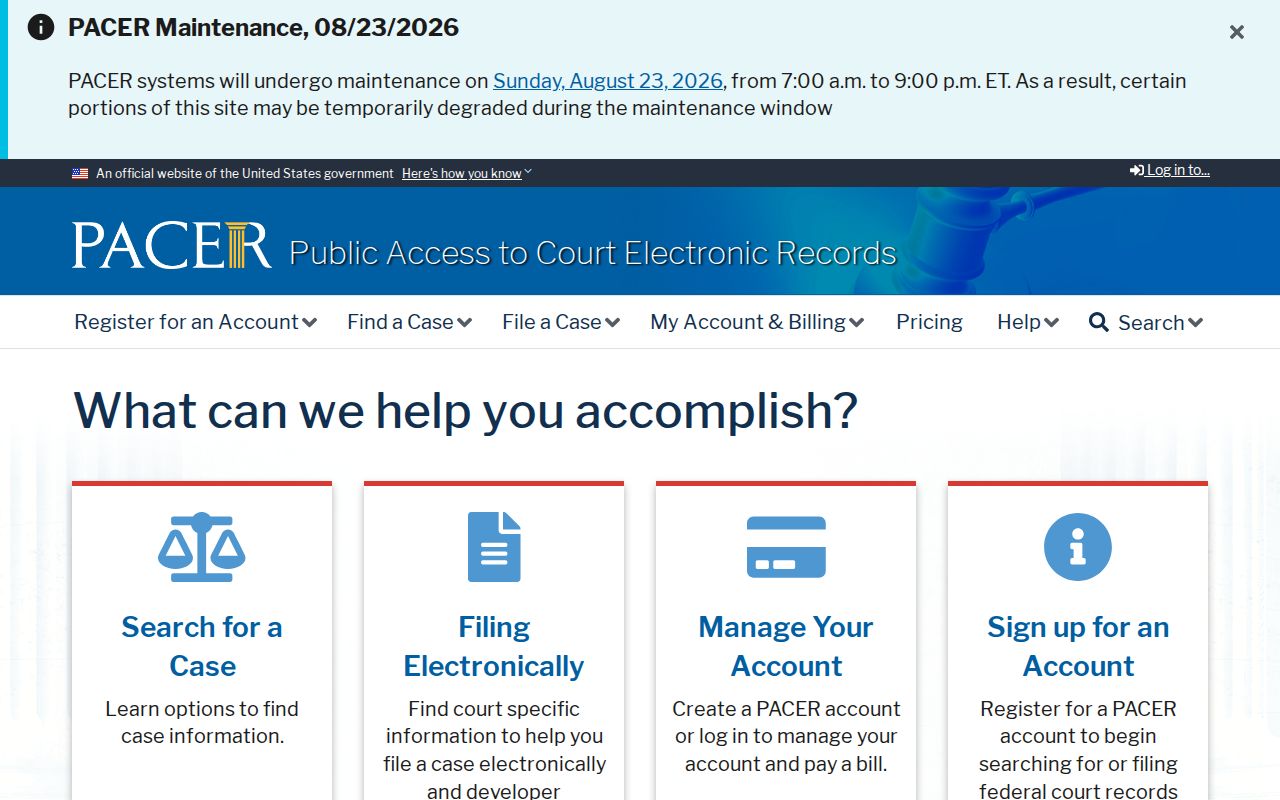 PACER federal court record search and account entry